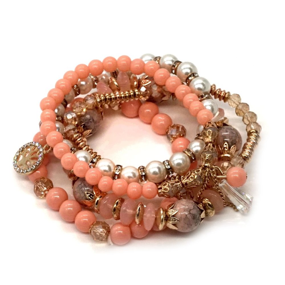 Bracelet Coral Color Beads Five strands Charms - Picture 4 of 4
